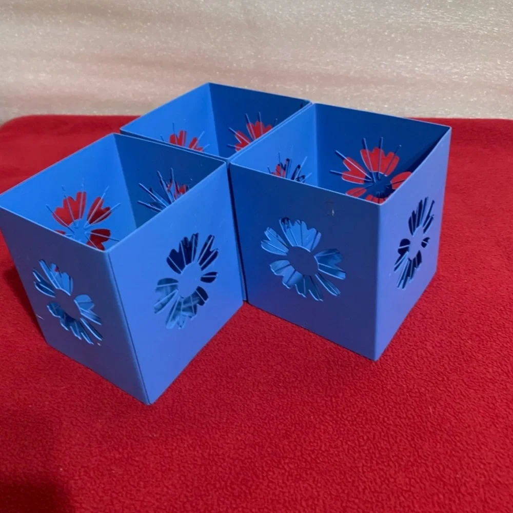 3 Square Flower Cutout Blue Metal Tea Light Candle Holder Organizer Storage Box